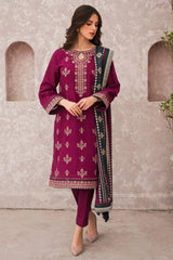 BrandsInn-3PC DHANAK EMBROIDERED SHIRT WITH COURTRAIWOOL PRINT SHAWL-BI-4096