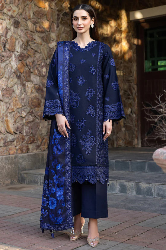 BrandsInn-3PC DHANAK EMBROIDERED SHIRT WITH COURTRAI PRINTED SHAWL AND TROUSER-BI-4390