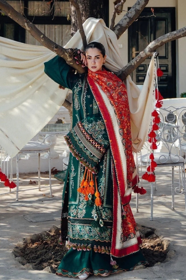 BrandsInn-3PC DHANAK EMBROIDERED SHIRT WITH COUTRAI PRINTED SHAWL AND TROUSER-BI-5212
