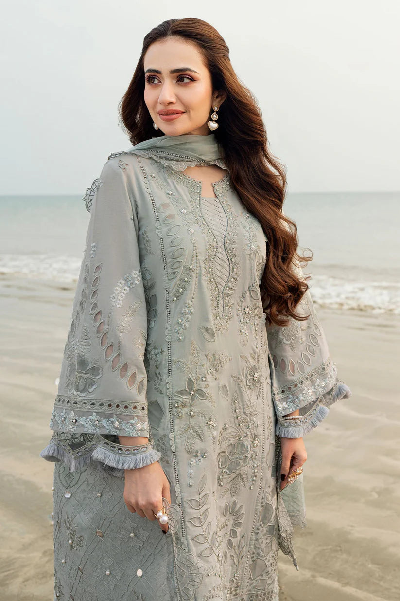 BrandsInn-3PC DHANAK LASER WORK EMBROIDERED SHIRT WITH CHIFFON EMBROIDERED DUPATTA & TROUSER-BI-4214