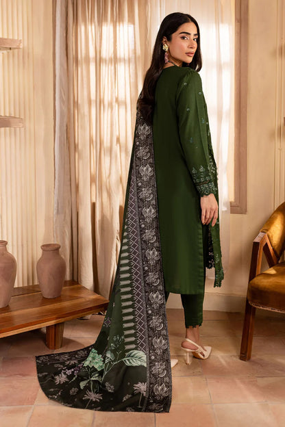 BrandsInn-3PC DHANAK EMBROIDERED SHIRT WITH COURTRAI PRINTED SHAWL & TROUSER-BI-4324