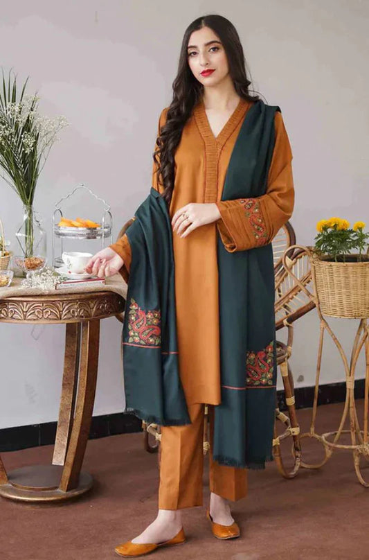 AISLING -3PC DHANAK EMBROIDERED SHIRT WITH DHANAK EMBROIDERED SHAWL& TROUSER -BI-4072