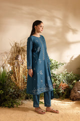 BrandsInn-3PC DHANAK EMBROIDERED SHIRT WITH CHIFFON EMBROIDERED DUPATTA AND TROUSER-BI-4195