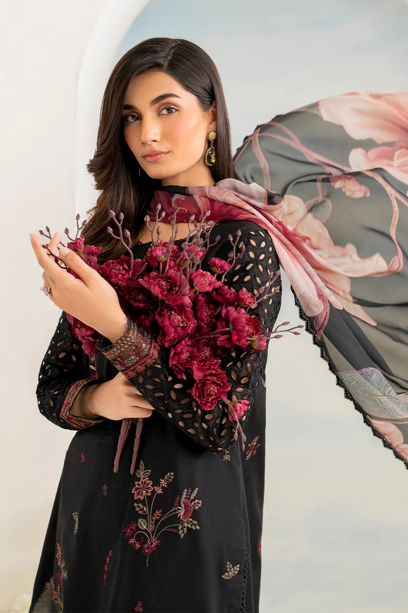 BrandsInn- 3PC DHANAK EMBROIDERED SHIRT WITH COUTURE PRINT SHAWL AND EMB TROUSER-BI-4054