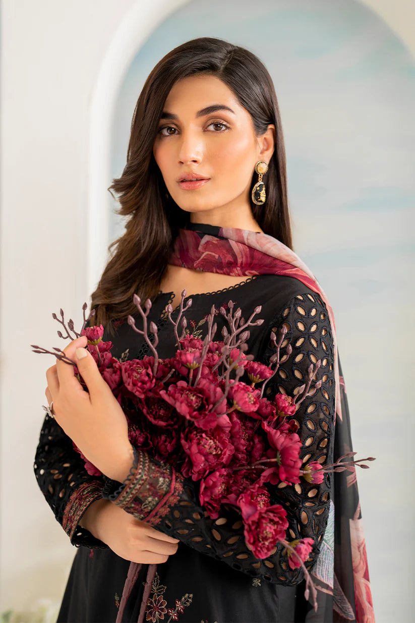 BrandsInn- 3PC DHANAK EMBROIDERED SHIRT WITH COUTURE PRINT SHAWL AND EMB TROUSER-BI-4054