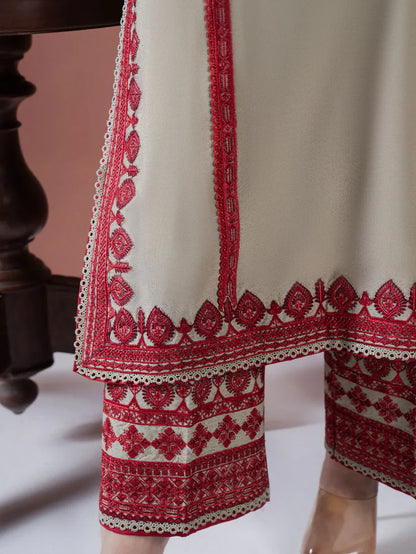 BrandsInn-3PC DHANAK EMBROIDERED SHIRT WITH DHANAK EMBROIDERED SHAWL AND EMB TROUSER-BI-4173