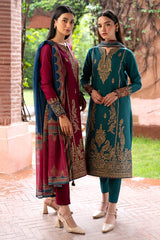 BrandsInn- 3PC DHANAK EMBROIDERED SHIRT WITH WOOL PRINT SHAWL AND TROUSER-A-BI-4102
