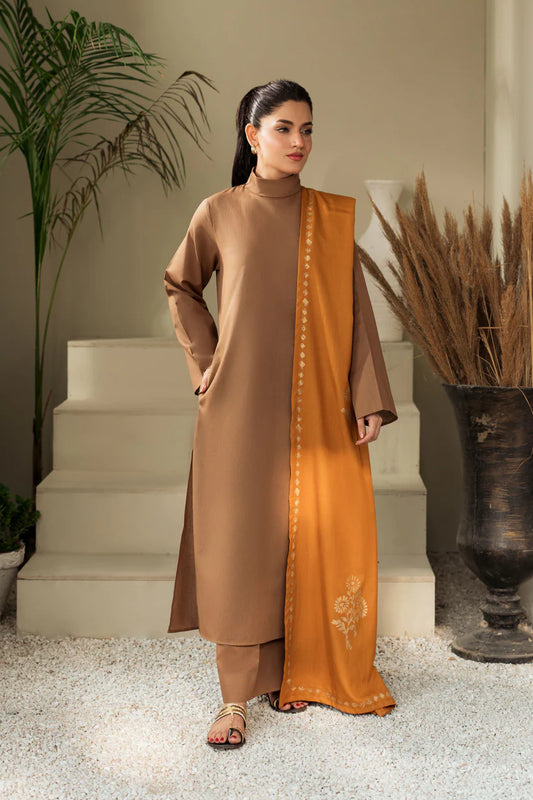 BrandsInn-3PC DHANAK SHIRT WITH WOOL PRINTED SHAWL AND TROUSER-BI-4092