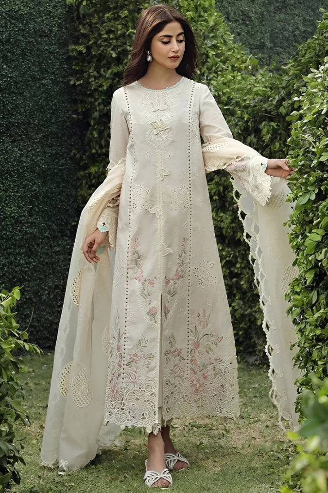 BrandsInn-3PC LAWN CHIKAANKARI EMBROIDERED SHIRT WITH KHAADI NET EMBROIDERED DUPATTA AND TROUSER -BI-4730