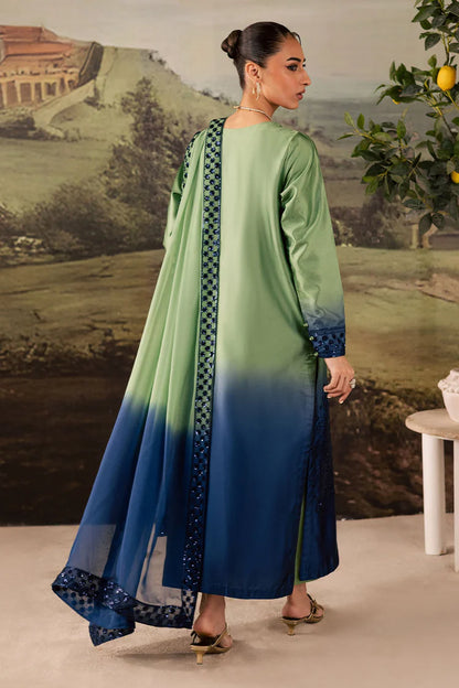 BrandsInn-3PC SHAMOZE SILK PRINTED EMBROIDERED SHIRT WITH SOFT SILK PRINTED EMB DUPATTA & TROUSER BI-1736