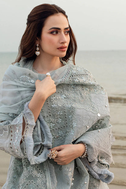 BrandsInn-3PC DHANAK LASER WORK EMBROIDERED SHIRT WITH CHIFFON EMBROIDERED DUPATTA & TROUSER-BI-4214