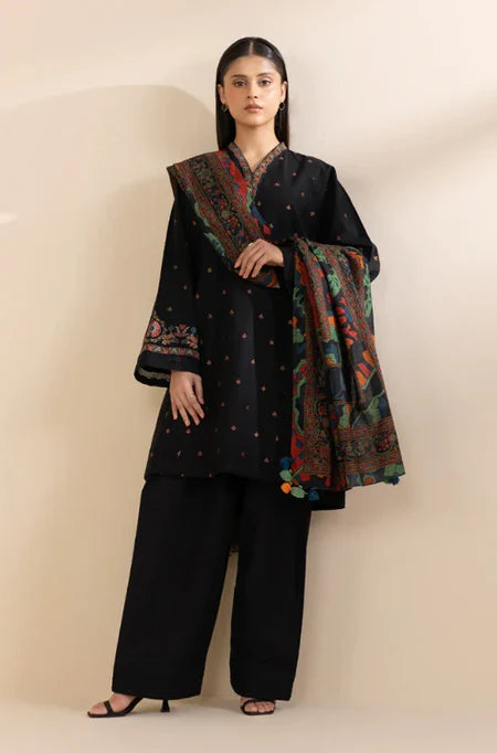 BrandsInn-3PC DHANAK EMBROIDERED SHIRT WITH COURTRAI PRINTED SHAWL & TROUSER-BI-4242