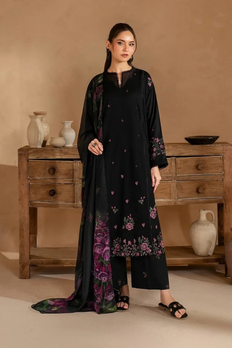 BrandsInn-3PC DHANAK EMBROIDERED SHIRT WITH COUTRAI PRINTED SHAWL AND EMB TROUSER-BI-5147