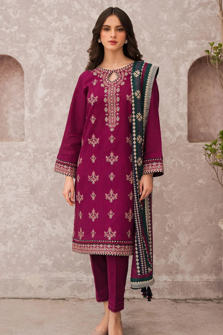 BrandsInn-3PC DHANAK EMBROIDERED SHIRT WITH WOOL PRINTED SHAWL AND TROUSER-BI-5005
