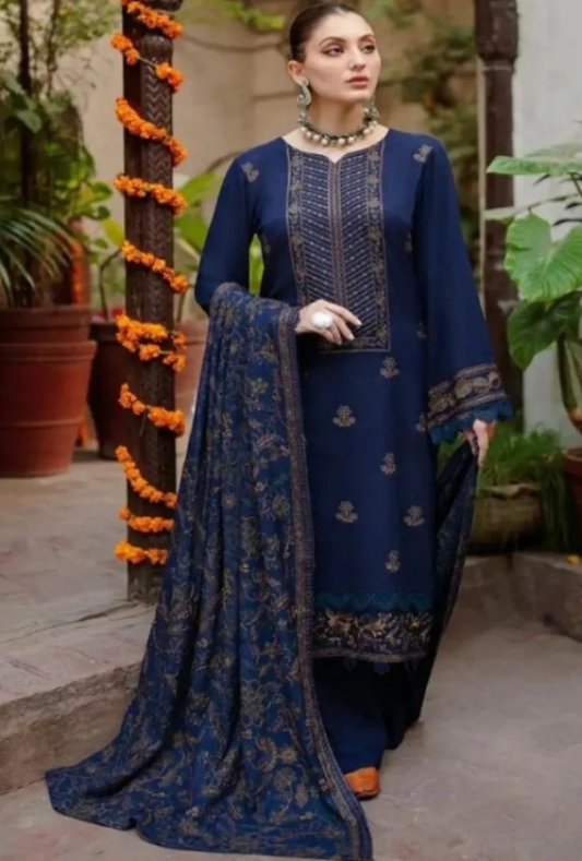 BrandsInn - 3PC DHANAK EMBROIDERED SHIRT WITH DHANAK EMBROIDERED SHAWL AND TROUSER -BIC-4006