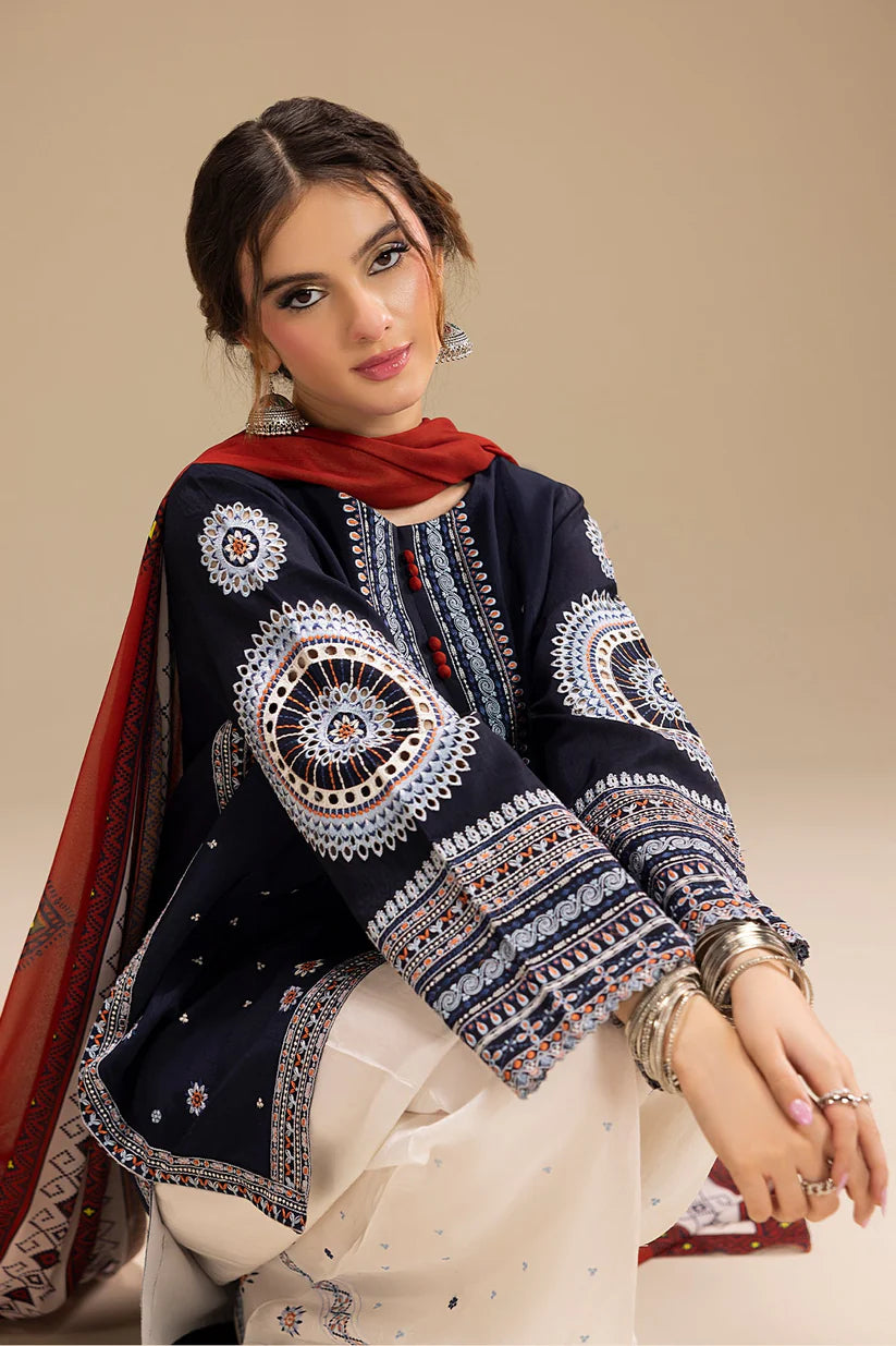 BrandsInn-3PC DHANAK EMBROIDERED SHIRT WITH CORTRAI WOOL PRINTED SHAWL AND EMB TROUSER-BI-427