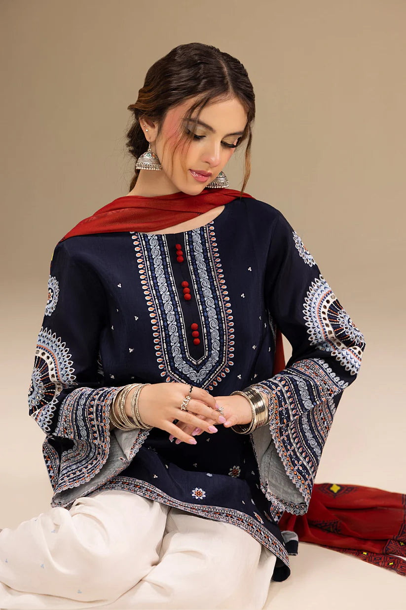 BrandsInn-3PC DHANAK EMBROIDERED SHIRT WITH CORTRAI WOOL PRINTED SHAWL AND EMB TROUSER-BI-427