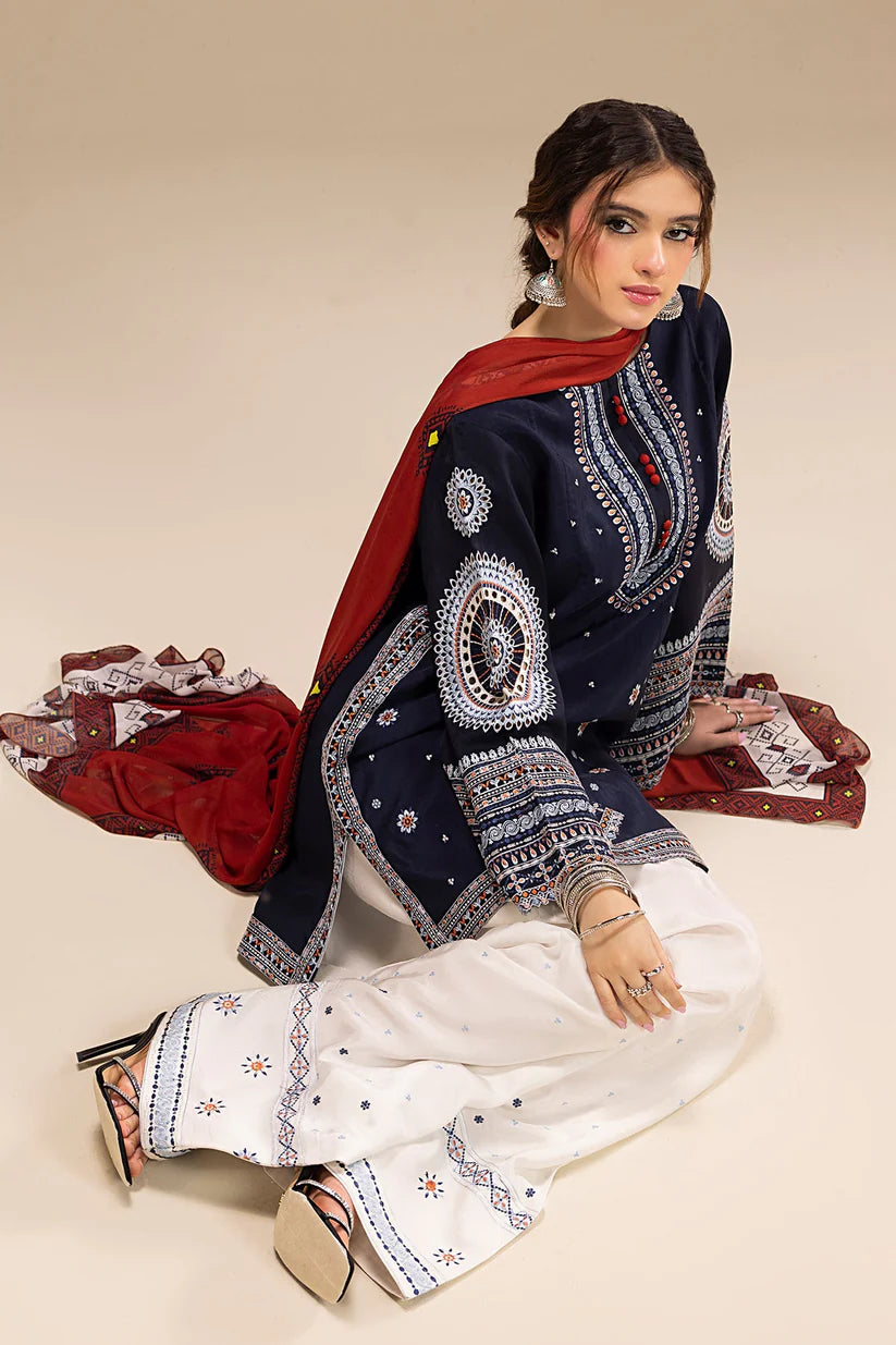 BrandsInn-3PC DHANAK EMBROIDERED SHIRT WITH CORTRAI WOOL PRINTED SHAWL AND EMB TROUSER-BI-427