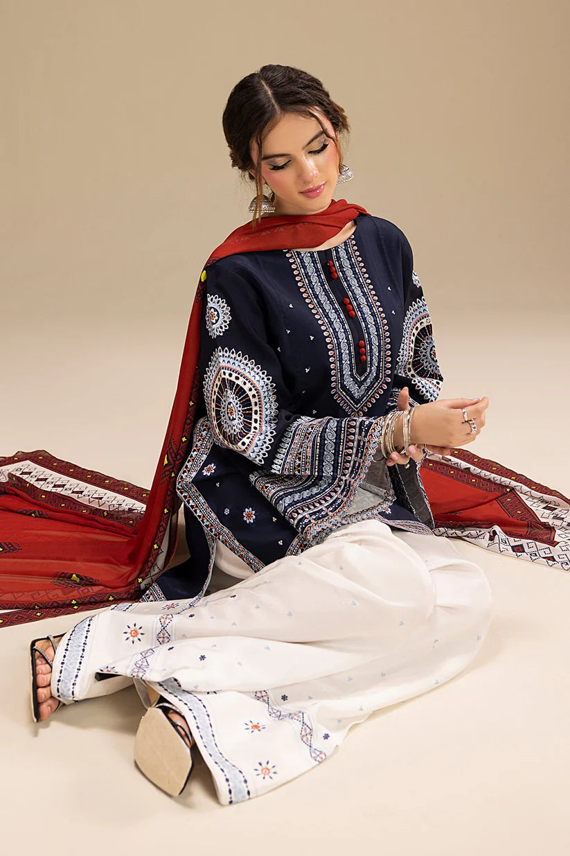 BrandsInn-3PC DHANAK EMBROIDERED SHIRT WITH CORTRAI WOOL PRINTED SHAWL AND EMB TROUSER-BI-427