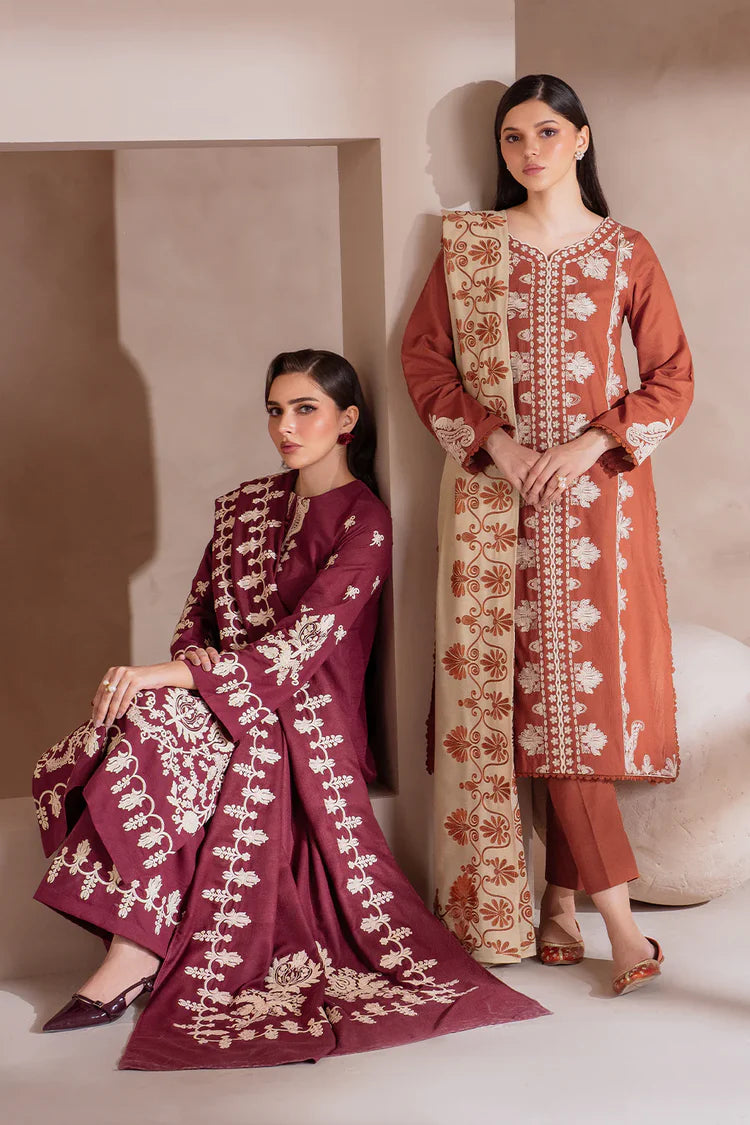 BrandsInn-3PC DHANAK EMBROIDERED SHIRT WITH DHANAK EMBROIDERED SHAWL & TROUSER-BI-4246