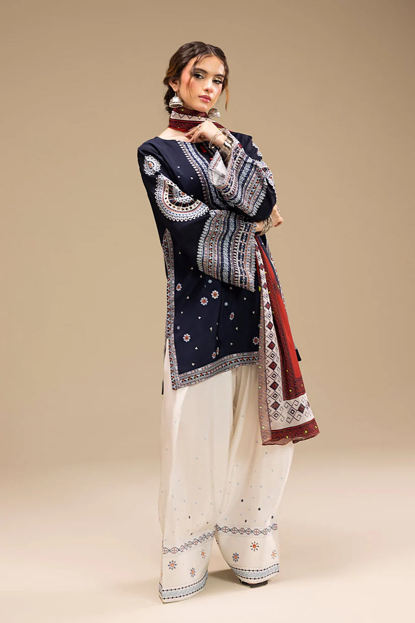 BrandsInn-3PC DHANAK EMBROIDERED SHIRT WITH CORTRAI WOOL PRINTED SHAWL AND EMB TROUSER-BI-427
