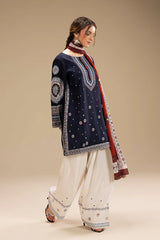 BrandsInn-3PC DHANAK EMBROIDERED SHIRT WITH CORTRAI WOOL PRINTED SHAWL AND EMB TROUSER-BI-427