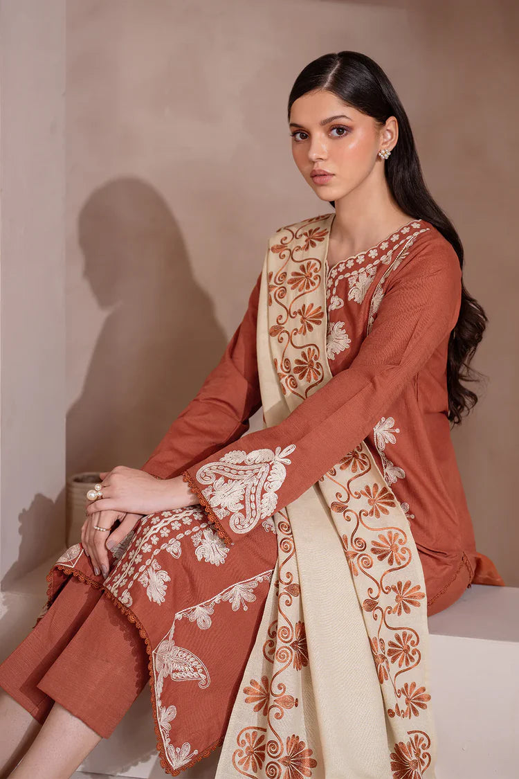 BrandsInn-3PC DHANAK EMBROIDERED SHIRT WITH DHANAK EMBROIDERED SHAWL & TROUSER-BI-4246