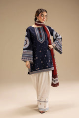 BrandsInn-3PC DHANAK EMBROIDERED SHIRT WITH CORTRAI WOOL PRINTED SHAWL AND EMB TROUSER-BI-427