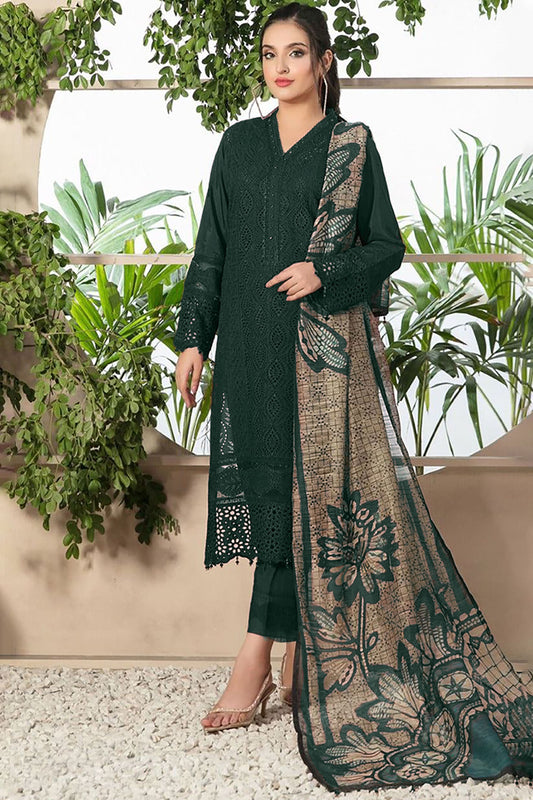 BrandsInn-3PC CHIKANKAARI LAWN EMBROIDERED SHIRT WITH MONARK PRINT DUPATTA AND TROUSER- MUNGIYA-BI-146