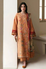 BrndsInn-3PC KARANDI EMBROIDERED SHIRT WITH COUTRAI PRINTED SHAWL AND TROUSER-BI-5247