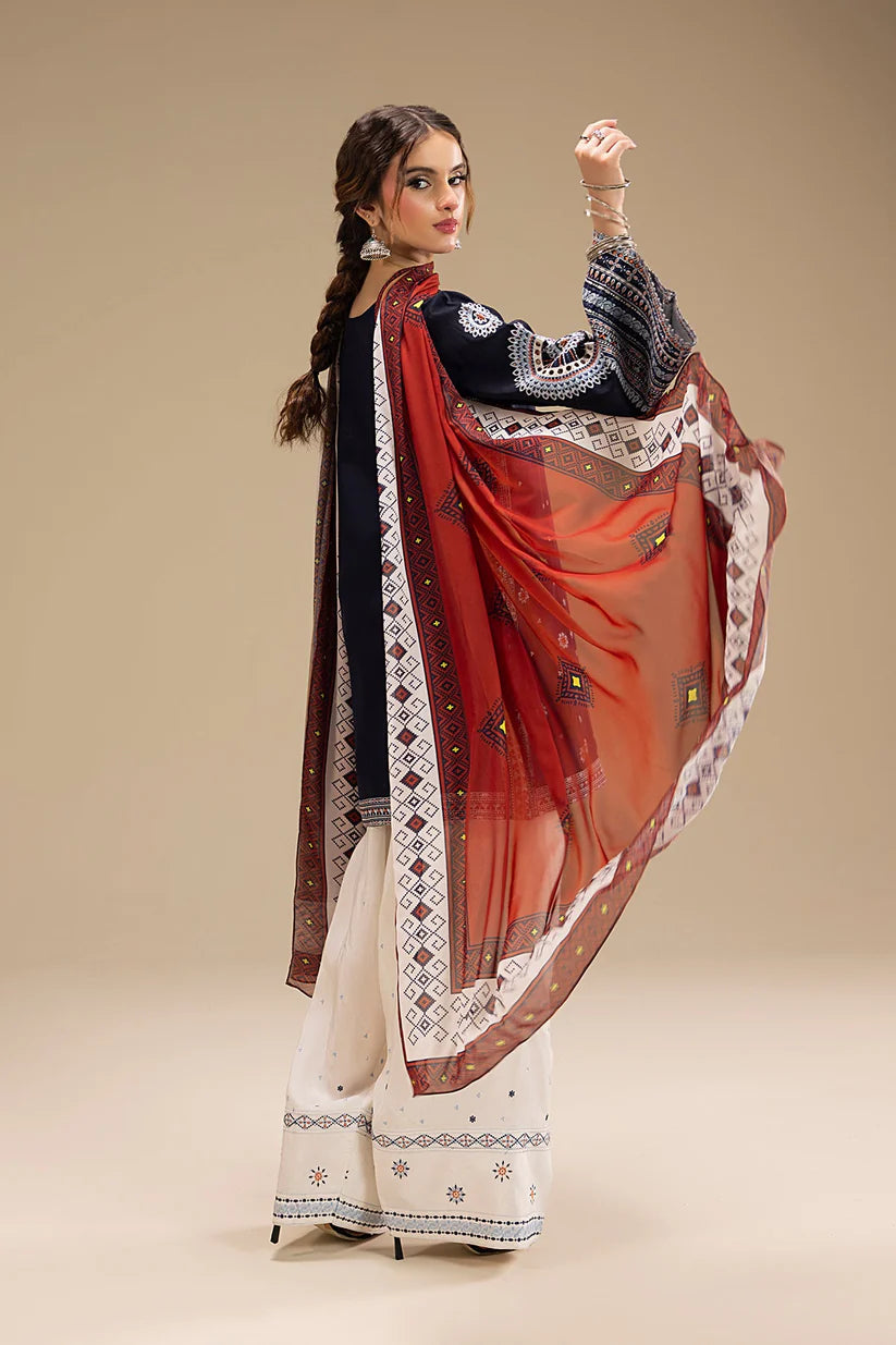 BrandsInn-3PC DHANAK EMBROIDERED SHIRT WITH CORTRAI WOOL PRINTED SHAWL AND EMB TROUSER-BI-427