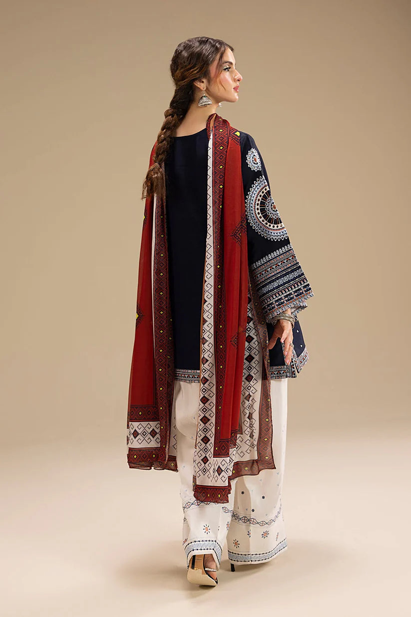 BrandsInn-3PC DHANAK EMBROIDERED SHIRT WITH CORTRAI WOOL PRINTED SHAWL AND EMB TROUSER-BI-427