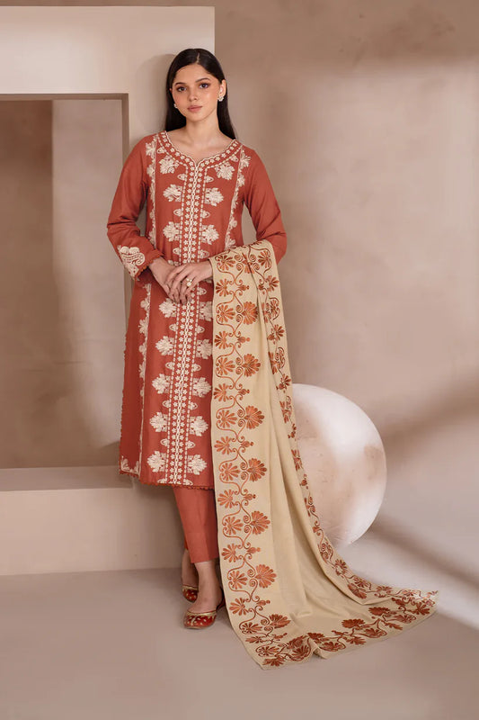 BrandsInn-3PC DHANAK EMBROIDERED SHIRT WITH DHANAK EMBROIDERED SHAWL & TROUSER-BI-4122