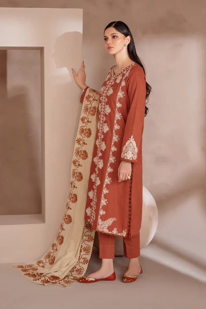 BrandsInn-3PC DHANAK EMBROIDERED SHIRT WITH DHANAK EMBROIDERED SHAWL & TROUSER-BI-4246
