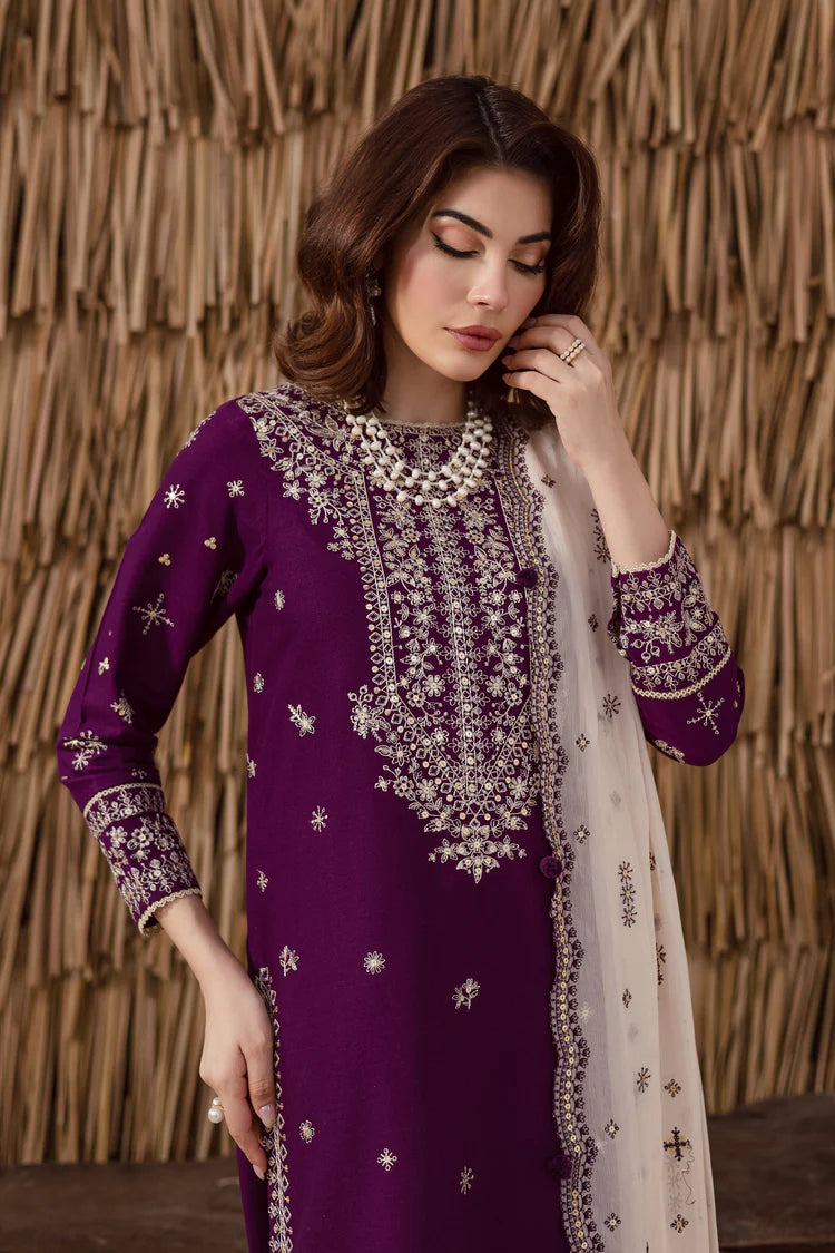BrandsInn-3PC DHANAK EMBROIDERED SHIRT WITH DHANAK EMBROIDERED SHAWL AND TROUSER-BI-4338