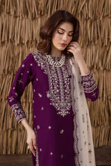 BrandsInn-3PC DHANAK EMBROIDERED SHIRT WITH DHANAK EMBROIDERED SHAWL AND TROUSER-BI-4338