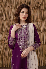 BrandsInn-3PC DHANAK EMBROIDERED SHIRT WITH DHANAK EMBROIDERED SHAWL AND TROUSER-BI-4338