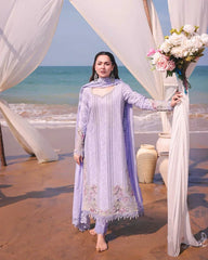 BrandsInn-3PC LAWN CHIKANKARI EMBROIDERED SHIRT WITH KHADDI NET EMB DUPATTA AND TROUSER-BI-4508