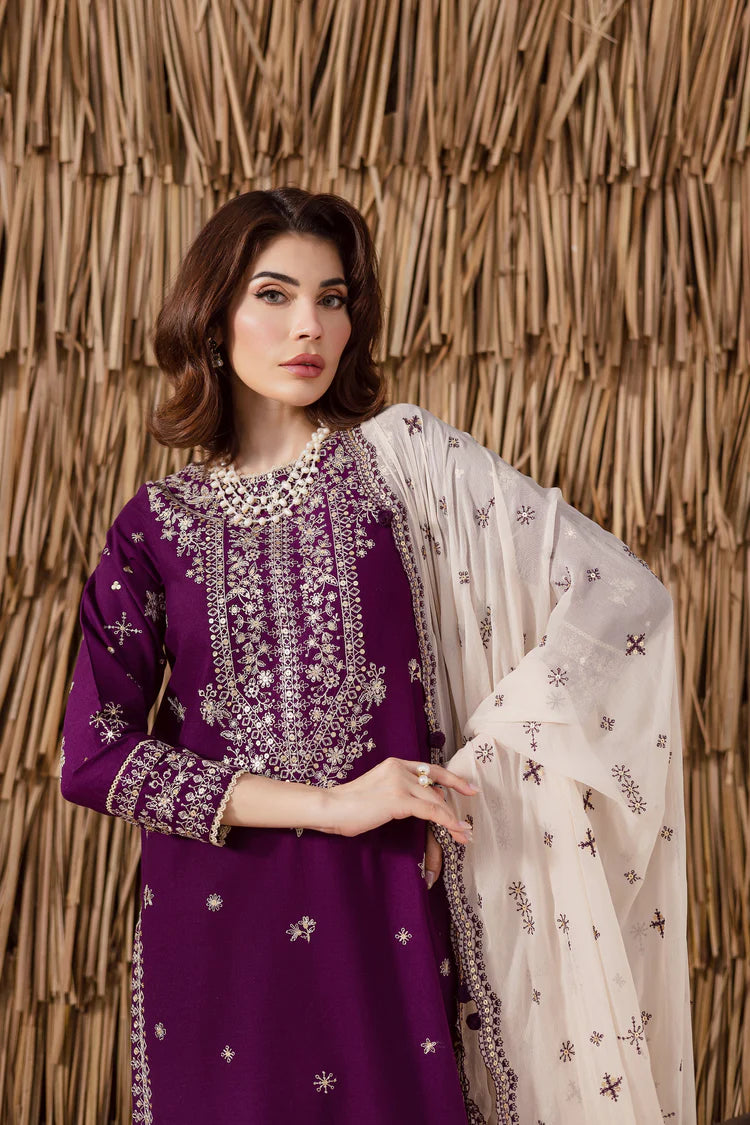 BrandsInn-3PC DHANAK EMBROIDERED SHIRT WITH DHANAK EMBROIDERED SHAWL AND TROUSER-BI-4338