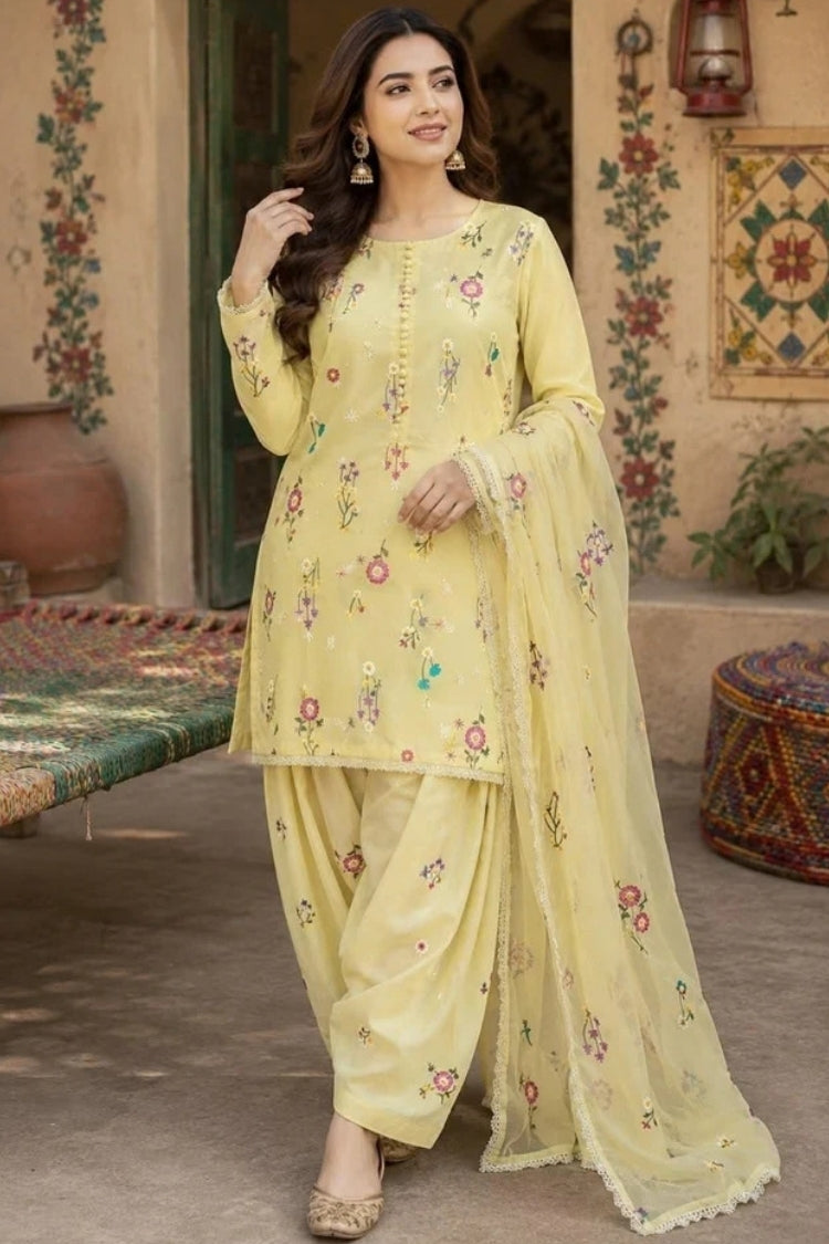 BrandsInn-3PC DHANAK EMBROIDERED SHIRT WITH CHIFFON EMBROIDERED DUPATTA AND EMB TROUSER-BI-5258