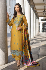BrandsInn-3PC DHANAK EMBROIDERED SHIRT WITH COURTRAI PRINTED SHAWL AND TROUSER-BI-4183