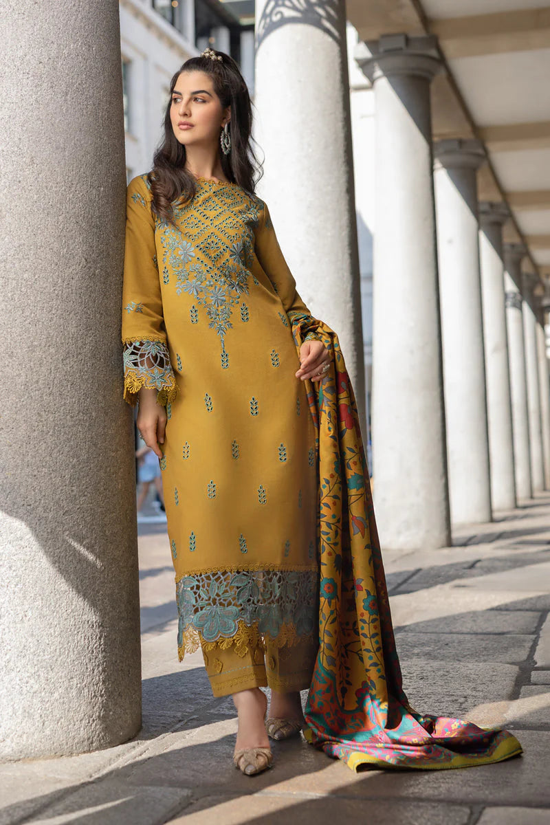 BrandsInn-3PC DHANAK EMBROIDERED SHIRT WITH COURTRAI PRINTED SHAWL AND TROUSER-BI-4183