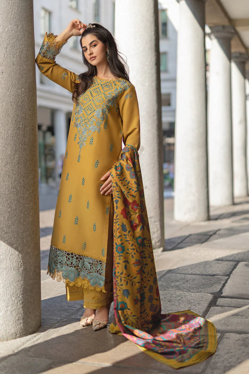 BrandsInn-3PC DHANAK EMBROIDERED SHIRT WITH COURTRAI PRINTED SHAWL AND TROUSER-BI-4183
