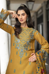 BrandsInn-3PC DHANAK EMBROIDERED SHIRT WITH COURTRAI PRINTED SHAWL AND TROUSER-BI-4183