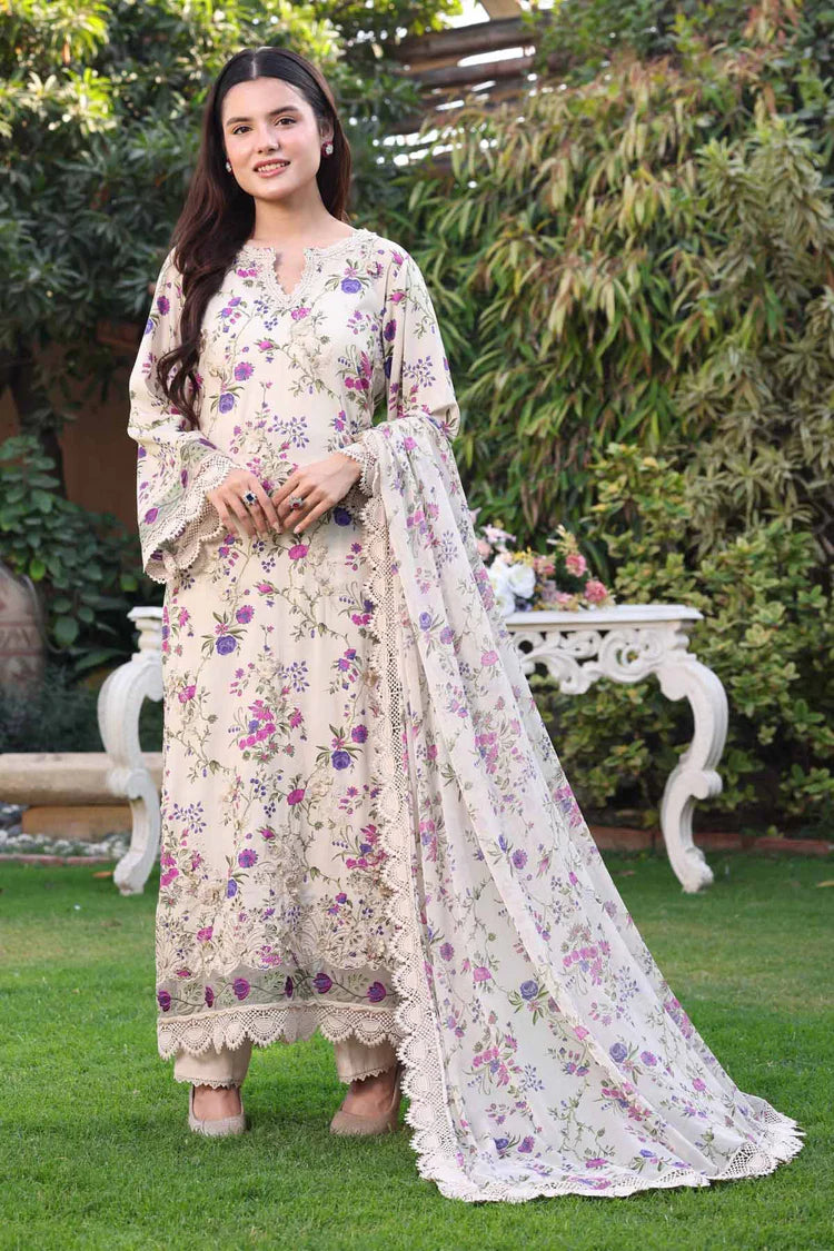 BrandsInn-3PC LAWN PRINTED CHIKAN EMB SHIRT WITH SILK PRINTED DUPATTA AND TROUSER-BI-031