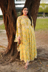 BrandsInn-3PC LAWN PRINTED EMB FROCK WITH SILK PRINTED EMB DUPATTA AND DYED TROUSER-BI-038