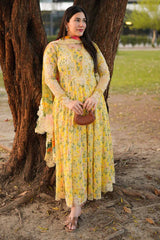 BrandsInn-3PC LAWN PRINTED EMB FROCK WITH SILK PRINTED EMB DUPATTA AND DYED TROUSER-BI-038