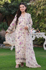 BrandsInn-3PC LAWN PRINTED CHIKAN EMB SHIRT WITH SILK PRINTED DUPATTA AND TROUSER-BI-031
