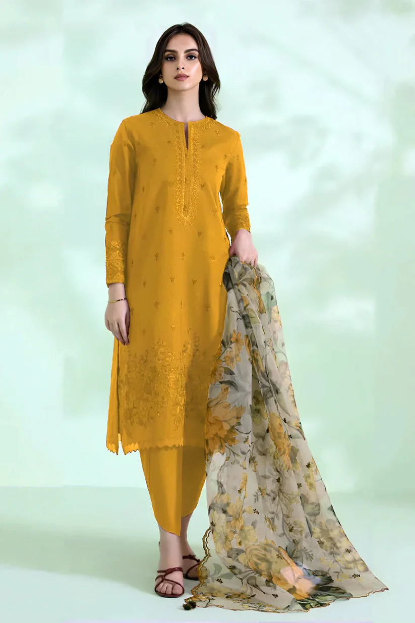 BrandsInn-3PC DHANAK EMBROIDERED SHIRT WITH COURTRAI PRINTED SHAWL AND TROUSER-BI-4048