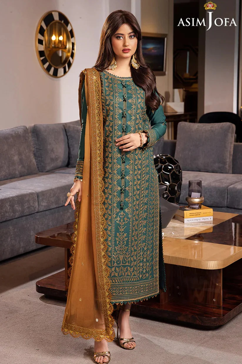 ASIM JOFA-3PC DHANAK EMBROIDERED SHIRT WITH CHIFFON EMBROIDERED DUPATTA AND TROUSER-BI-184